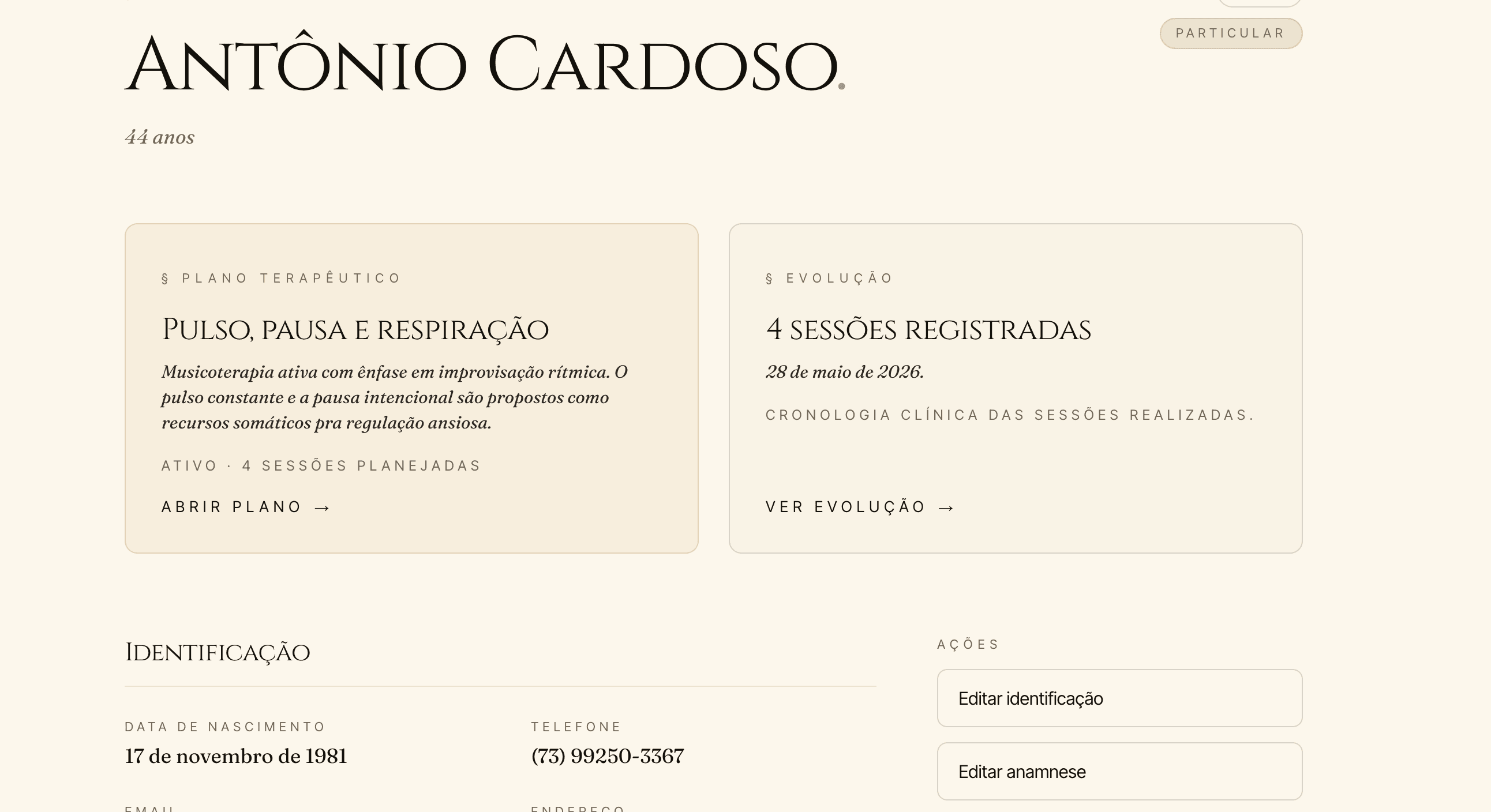Ficha do paciente com anamnese e plano visíveis