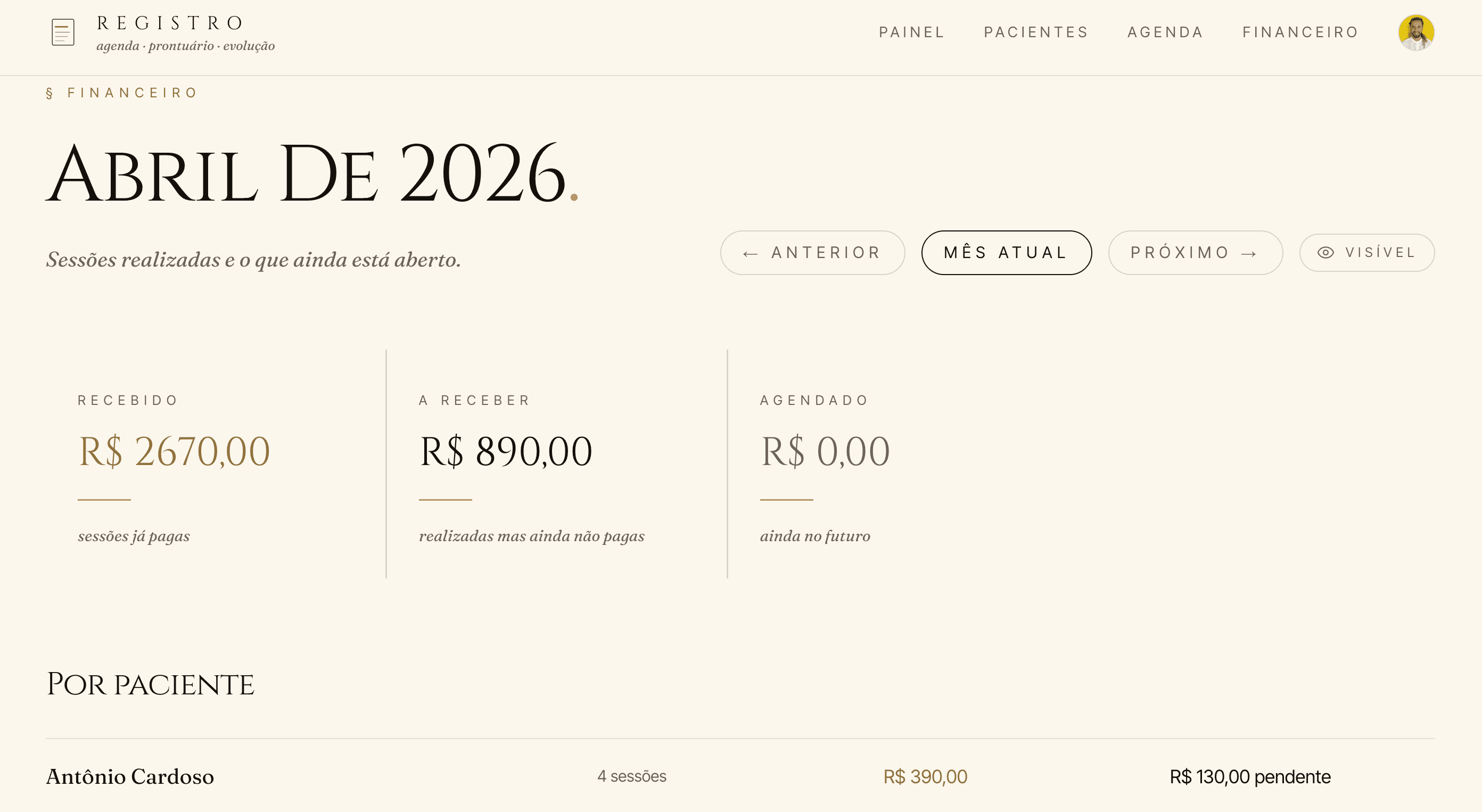Visão financeira mensal com totais recebido, previsto e pendente